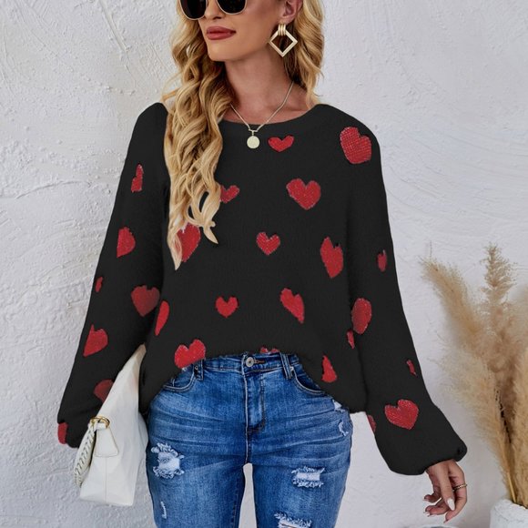 Heart Print Fuzzy Crewneck Long Sleeve Sweater - Picture 1 of 3
